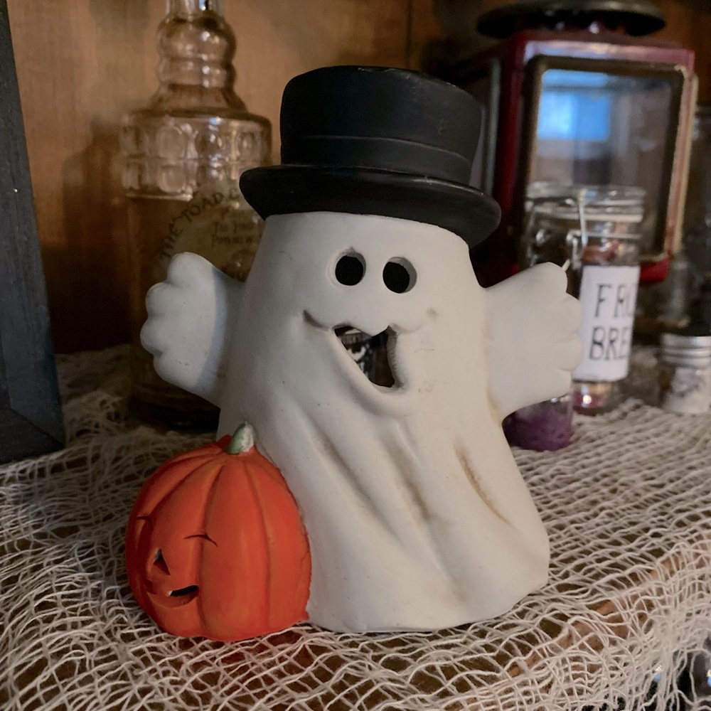 Vintage Halloween Ghost with top hat candle holder